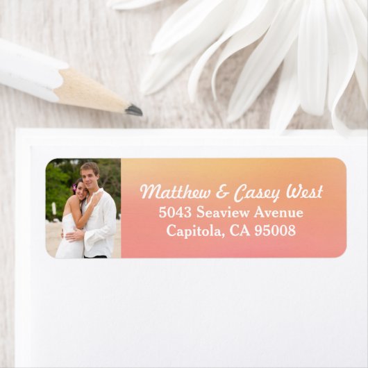 ピンクのオレンジ色の水彩洗浄ビーチ写真 ラベル (インサイチュ)