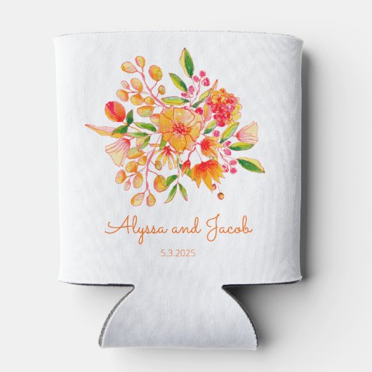 ピンクのオレンジ色の水色の花カスタムウェディング 缶クーラー (裏面)