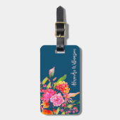 ピンクのオレンジ色の水色の花カスタム咲き青ID ラゲッジタグ (正面縦)