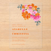 ピンクのオレンジ色の水色フローラ透明結婚色 アクリル招待状 (正面)
