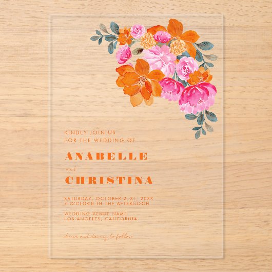 ピンクのオレンジ色の水色フローラ透明結婚色 アクリル招待状 (正面)