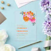 ピンクのオレンジ色の水色フローラ透明結婚色 アクリル招待状 (インサイチュ (ウェディング))
