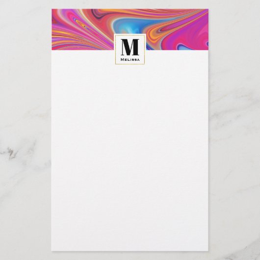 ピンクのオレンジ色の渦巻き溝のデザインモノグラム 便箋 (正面)