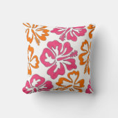 ピンクのオレンジ色の熱帯ハイビスカスフラワーズフローラプリント クッション (正面)