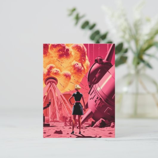 ピンクのオレンジ色の爆弾煙ヴィンテージ漫画 ポストカード (スタンド正面)