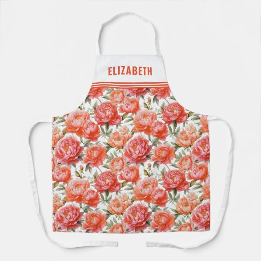 ピンクのオレンジ色の牡丹花柄 | パーソナライズされた エプロン (正面)