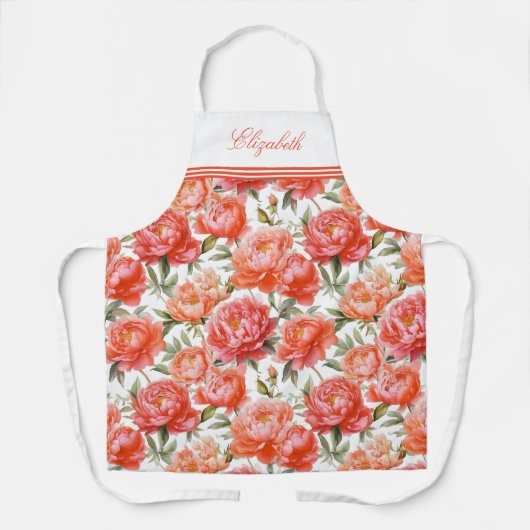 ピンクのオレンジ色の牡丹花柄 | パーソナライズされた エプロン (正面)