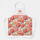 ピンクのオレンジ色の牡丹花柄 | 王冠 エプロン (正面)