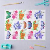 ピンクのオレンジ色の紫色の花の蝶のデカップリ 薄葉紙 (クラフト)