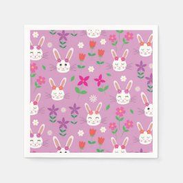 ピンクのオレンジ色の紫色の花を持つイースターバニー スタンダードカクテルナプキン