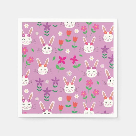 ピンクのオレンジ色の紫色の花を持つイースターバニー スタンダードカクテルナプキン (正面)
