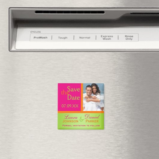 ピンクのオレンジ色の緑の日付写真マグネットを保存 マグネット (インサイチュ (食洗機))