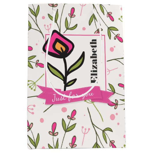 ピンクのオレンジ色の花びら ミディアムペーパーバッグ (正面)