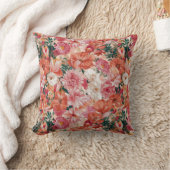 ピンクのオレンジ色の花柄 クッション (ブランケット)