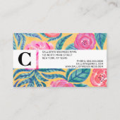 ピンクのオレンジ色の花葉類水彩モノグラム 名刺 (裏面)