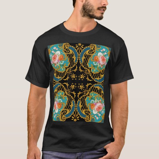 ピンクのオレンジ色の花:正方形の構成 Tシャツ (正面)