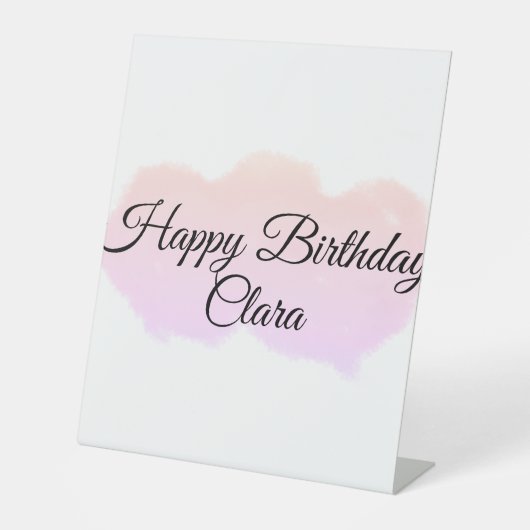 ピンクのオレンジ色の雲パステルハッピーバースデー モダン 台座サイン (正面)