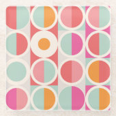 ピンクのオレンジ色の青い幾何学的パターン ガラスコースター (正面)