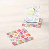 ピンクのオレンジ色の青い幾何学的パターン スクエアペーパーコースター (インサイチュ)