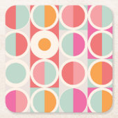 ピンクのオレンジ色の青い幾何学的パターン スクエアペーパーコースター (正面)