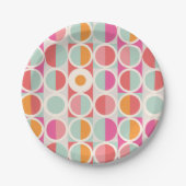 ピンクのオレンジ色の青い幾何学的パターン ペーパープレート (正面)