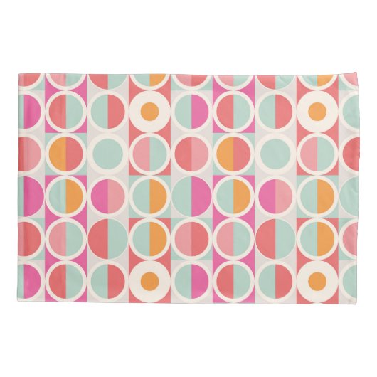 ピンクのオレンジ色の青い幾何学的パターン 枕カバー (裏面-左)