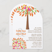 ピンクのオレンジ色の黄モダン緑の結婚木 招待状 (正面/裏面)