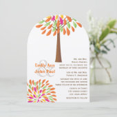 ピンクのオレンジ色の黄モダン緑の結婚木 招待状 (スタンド正面)