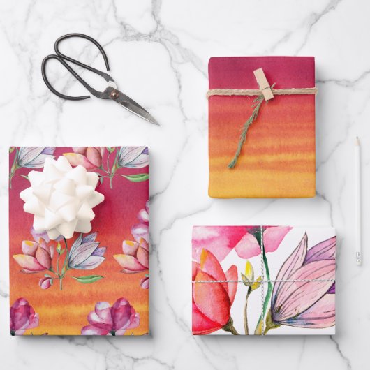 ピンクのオレンジ色の黄色の水色と花 ラッピングペーパーシート (正面)