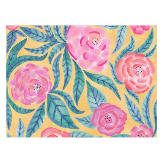 ピンクのオレンジ色葉の花類の水彩模様 テーブルクロス (正面(横))