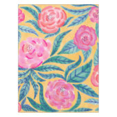 ピンクのオレンジ色葉の花類の水彩模様 テーブルクロス (正面)