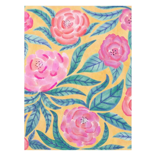 ピンクのオレンジ色葉の花類の水彩模様 テーブルクロス (正面)