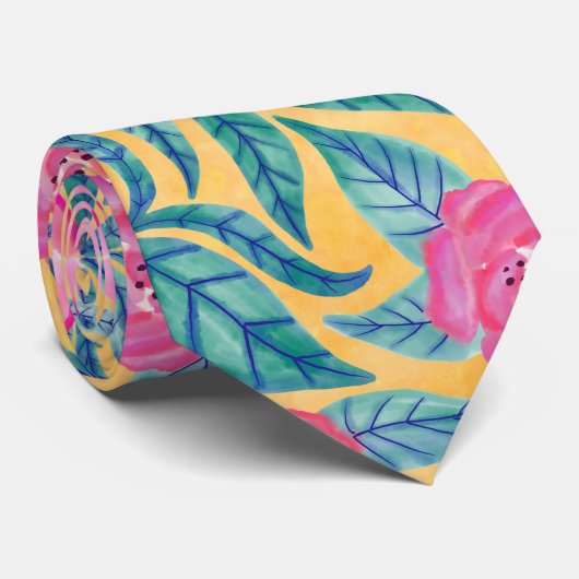 ピンクのオレンジ色葉の花類の水彩模様 ネクタイ (ロール)