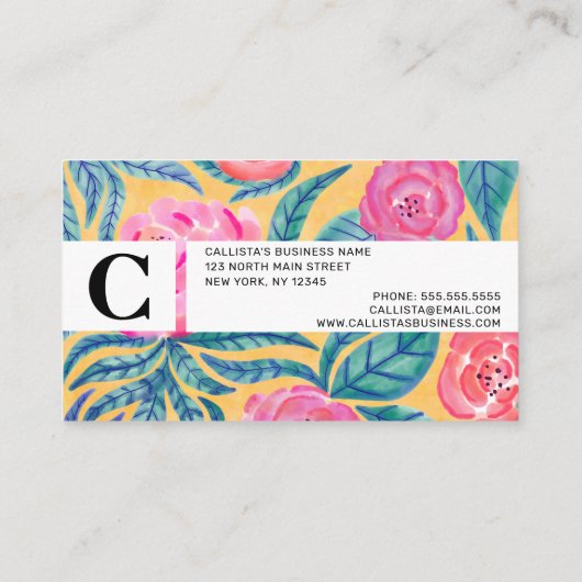 ピンクのオレンジ色葉の花類の水彩模様 予約カード (裏面)