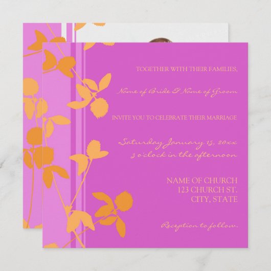 ピンクのオレンジ花の写真の結婚式招待状カード 招待状 (正面/裏面)