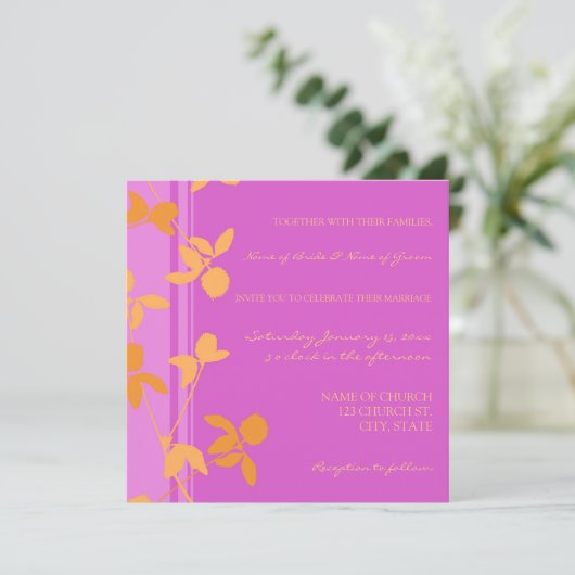 ピンクのオレンジ花の写真の結婚式招待状カード 招待状 (スタンド正面)