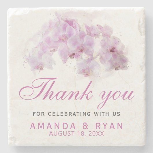 ピンクのオーキッドの水彩花結婚の感謝 ストーンコースター (正面)