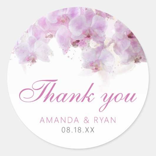 ピンクのオーキッドウォーターカラーフラワー結婚のフローラのクラス ラウンドシール (正面)