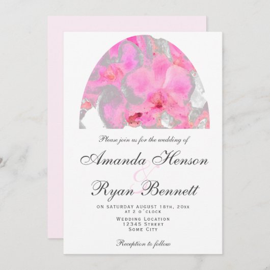 ピンクのオーキッドウォーターカラーフラワー結婚のフローラの元気 招待状 (正面/裏面)