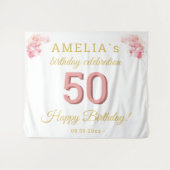 ピンクのオーキッドウォーターカラー50誕生日背景 タペストリー (正面(横))