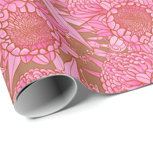 ピンクのオーストラリアのプロテアとワラタのパターン ラッピングペーパー (ロールコーナー)