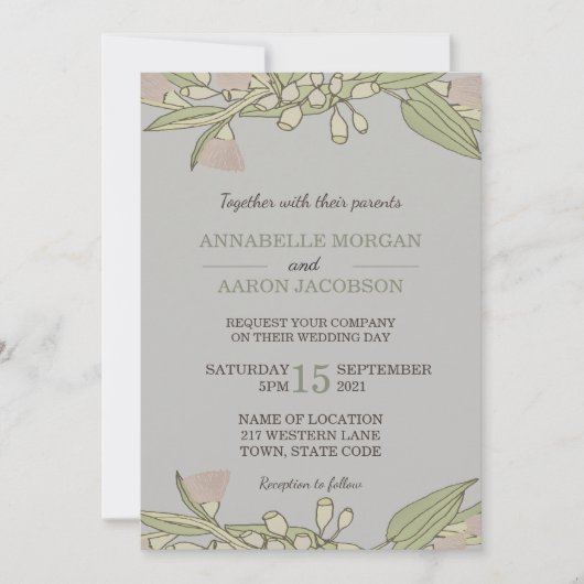 ピンクのオーストラリアのワイルドフラワーグムツリーの結婚式の招待 招待状 (正面)