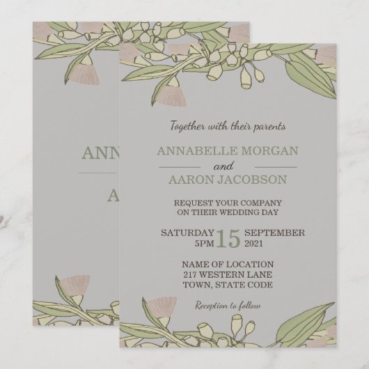ピンクのオーストラリアのワイルドフラワー・ユーカリの結婚式の招待状 招待状 (正面/裏面)