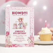 ピンクのカウガールキッズ誕生日パーティー招待状