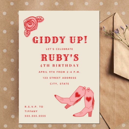 ピンクのカウガールブーツとバラの誕生日おめでとう 招待状