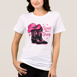 ピンクのカウガール「スウィート・バット・ストロング」デザイン トライブレンドTシャツ