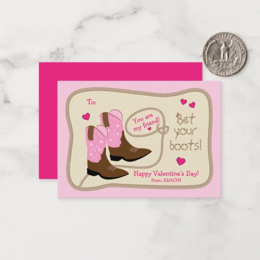 ピンクのカウボーイブーツ教室バレンタインデー ノートカード (正面/裏面インサイチュ)