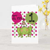 ピンクのカエルの第1誕生日のTシャツおよびギフト カード (黄色い花)