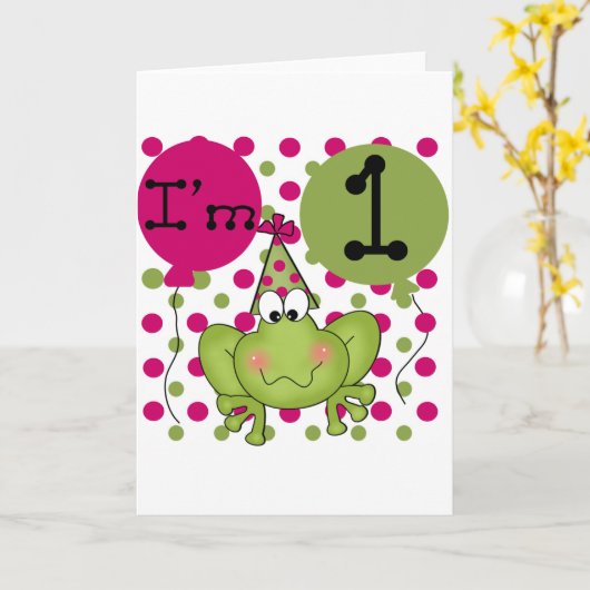 ピンクのカエルの第1誕生日のTシャツおよびギフト カード (黄色い花)