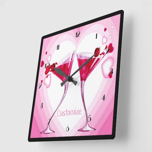 ピンクのカクテルグラスの柱時計 スクエア壁時計 (傾斜)